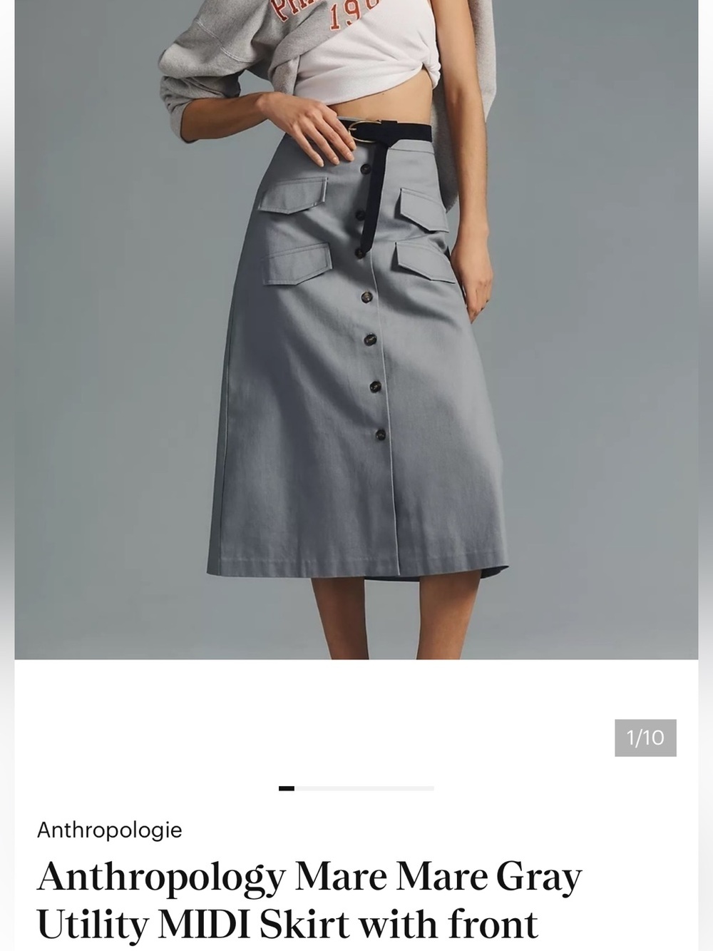 Anthropologie Gray Button-Front Utility Midi Skirt
